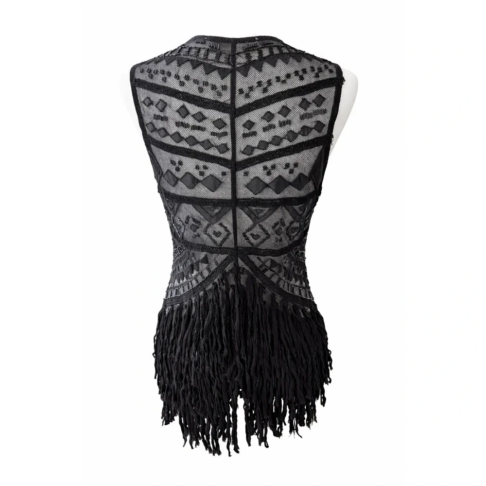 Boho Black Embroidered Womens Fringe Vest Med Y2K Witchy Whimsigoth Western NEW‎